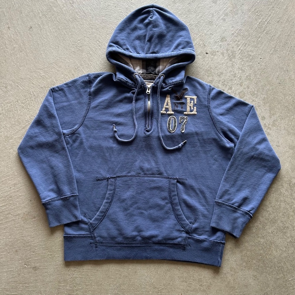 Vintage American Eagle Sweatshirt Mens Large Blue Y2K 1/4 Zip Hoodie AE07 Logo